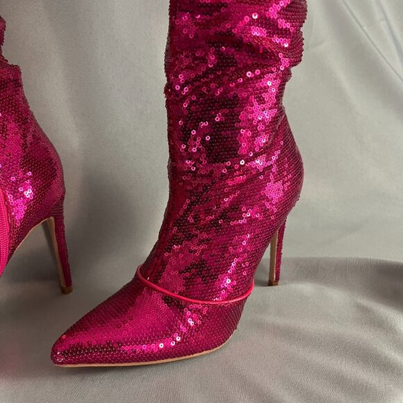 Womens Knee High Boots 6 Metallic Pink Sequin Pointed Toe Stiletto Heel Side Zip - Picture 4 of 11